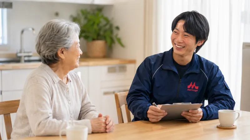 ご自宅で相談を伺うスタッフ